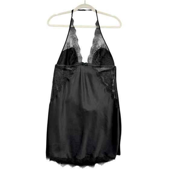 Victorias Secret Black Lace Trim Halter Neck Deep Vneck Babydoll Lingerie‎ Large - Picture 1 of 7
